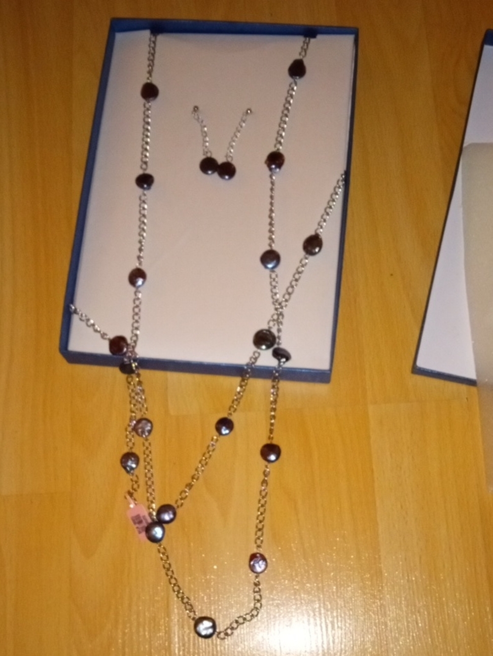 Elegant Dark Brown Pearl Station Silver Necklace and Earrings Set